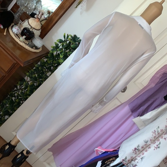 Y2K White sheer flapper fringe sexy maxi duster cardigan club coat jacket S - Picture 11 of 14